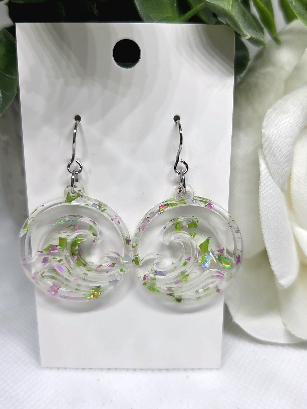 Clear Resin Wave Swirl Drop Earrings with Pink & Green Accents
